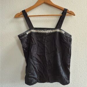 Vintage Harold’s Cropped Silk Tank Women's 2 Sequin Floral Black Blouse